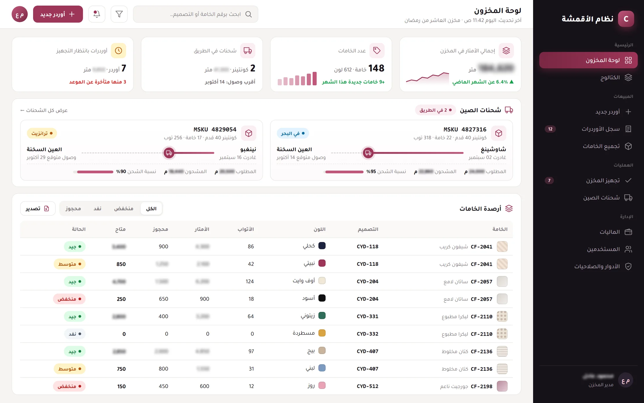 نظام استيراد وتوزيع الأقمشة — من شحنة الصين للمخزن للأوردر — بطول كل توب
