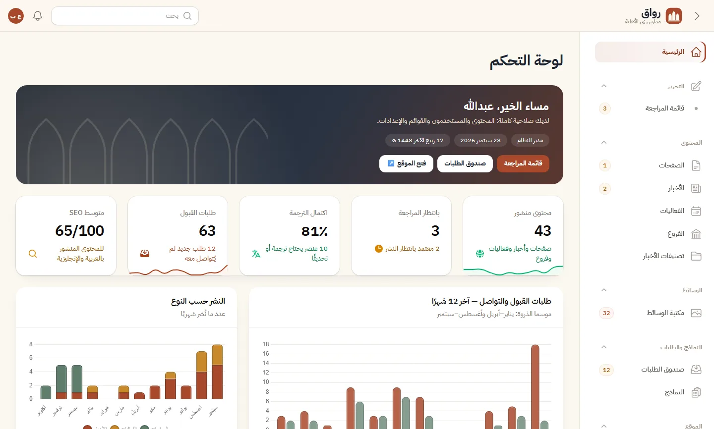 لوحة التحكم وحالة الترجمات